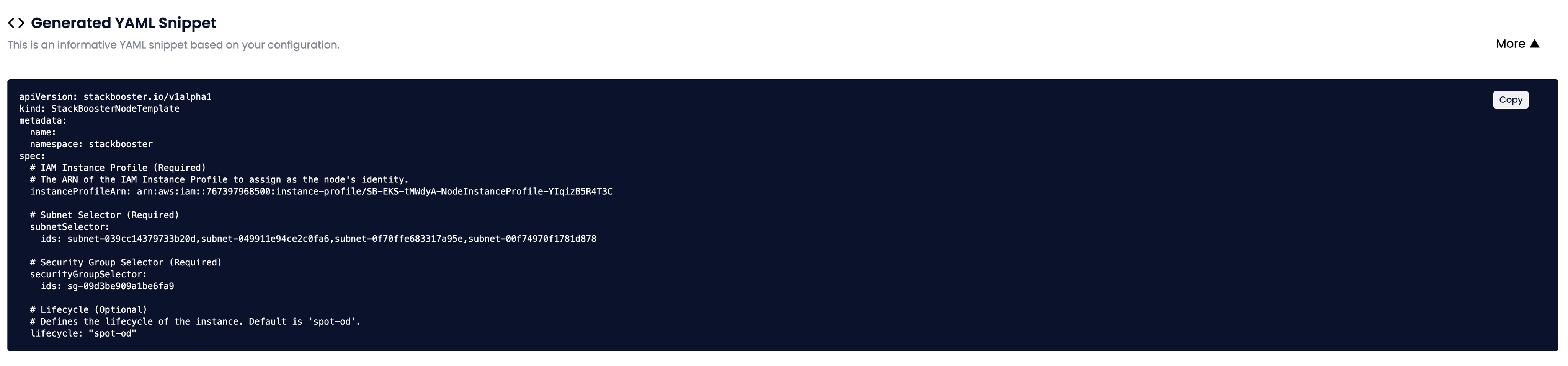 Generated YAML preview with Copy button