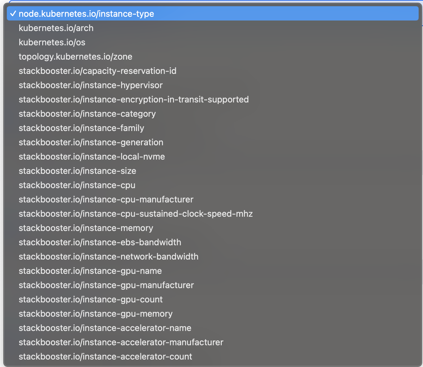 Node restriction key options dropdown
